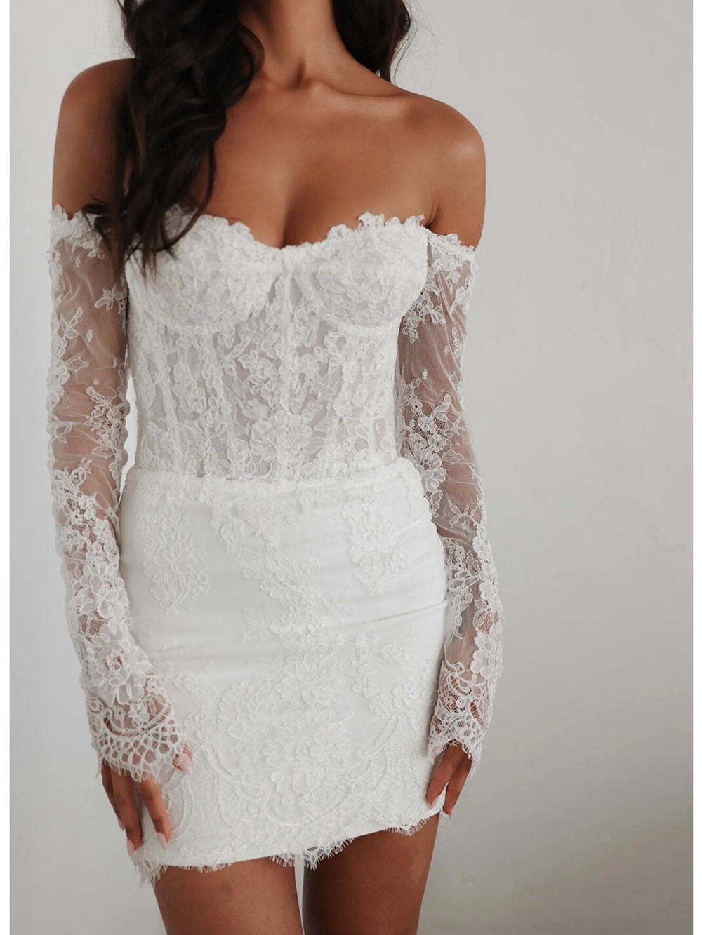 UNTAMED PETALS BY AMANDA JUDGE Madeline White Off-Shoulder Lace Mini Dress